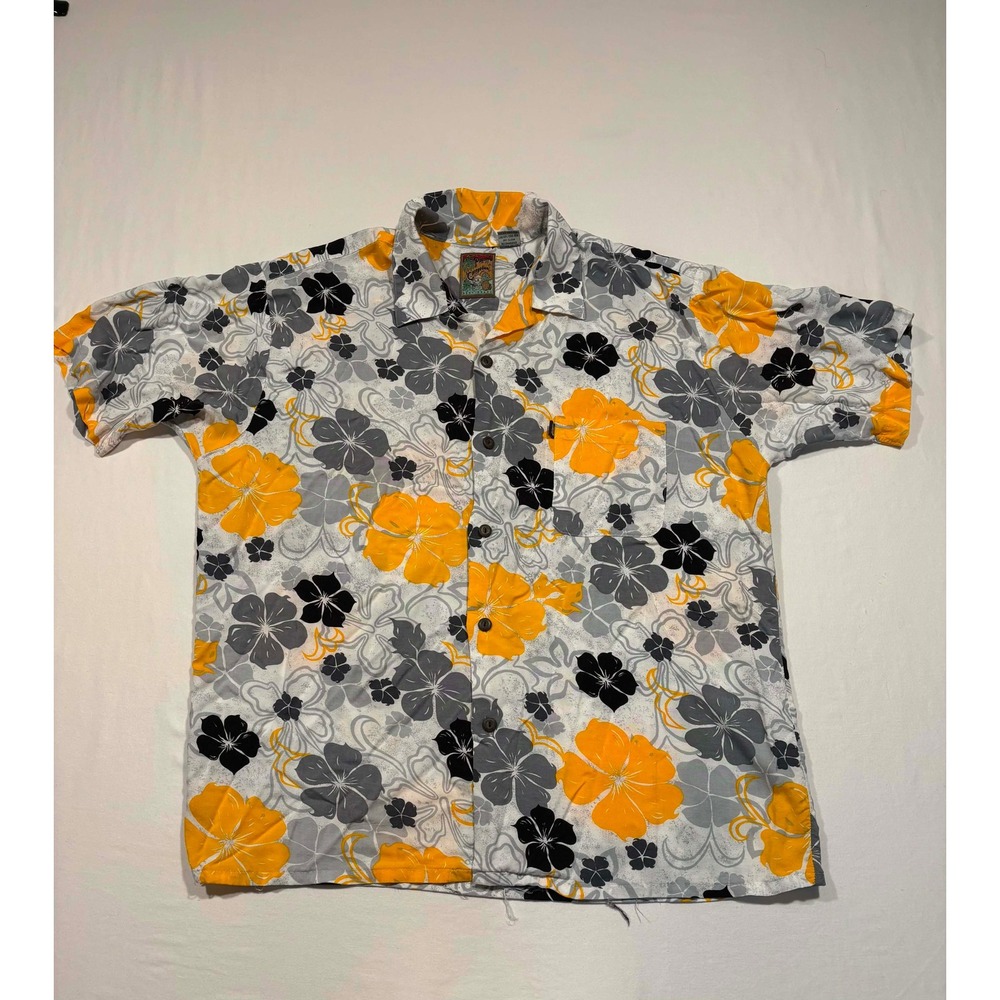 Pineapple Connection Mens Hawaiian Shirt L Orange‎ Grey Floral Rayon Camp Aloha